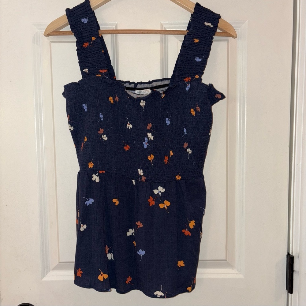 Market & Spruce Blue Ruffled Smocked Tank Top